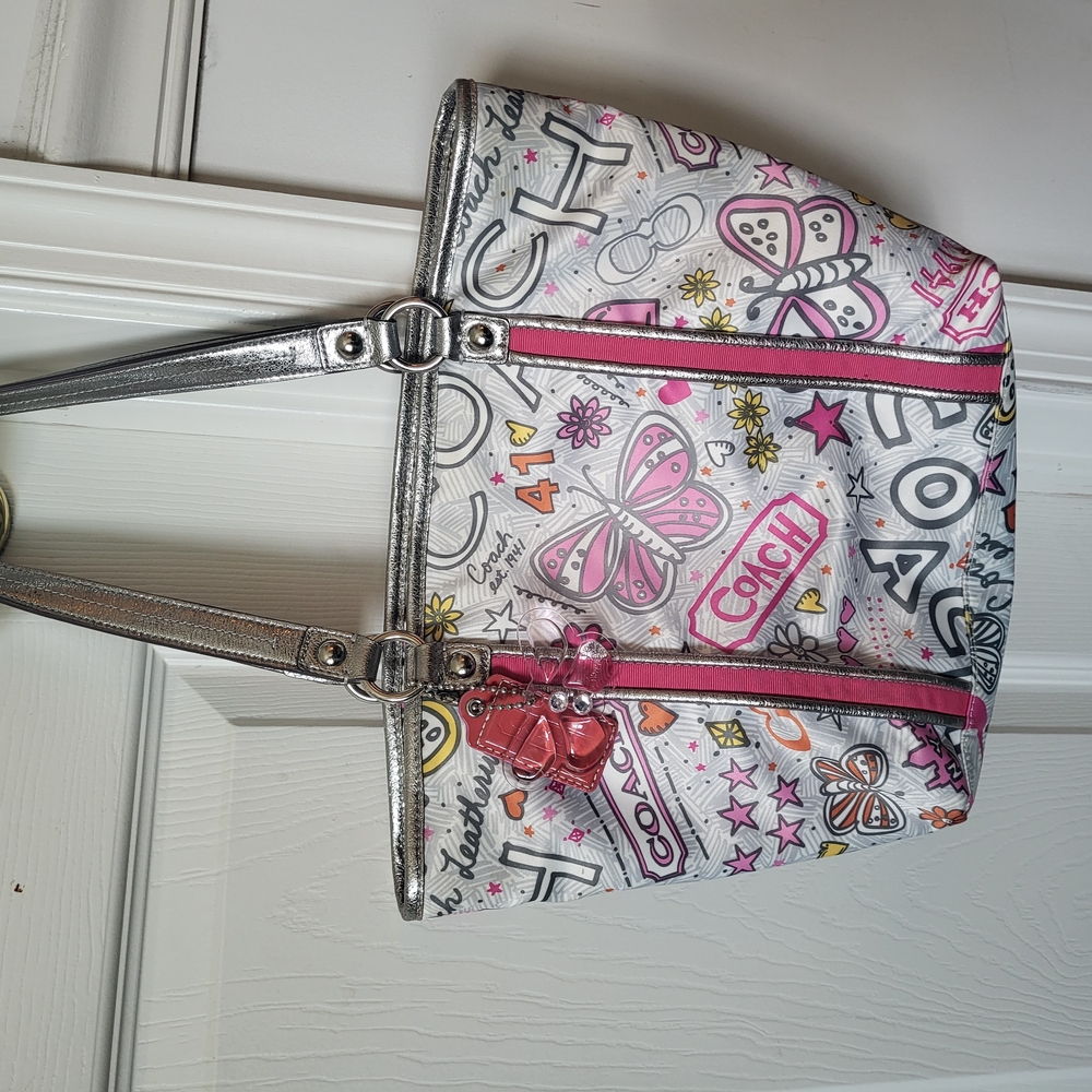 Coach Pink & Silver Bag with Poppy Butterfly Grafitti Design